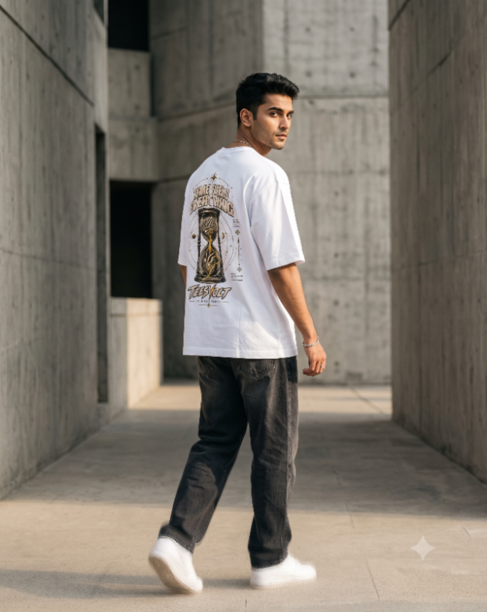 A man wearing a white graphic t-shirt with a large vintage-style print on the back, paired with dark gray jeans and white sneakers, walking through a concrete corridor.